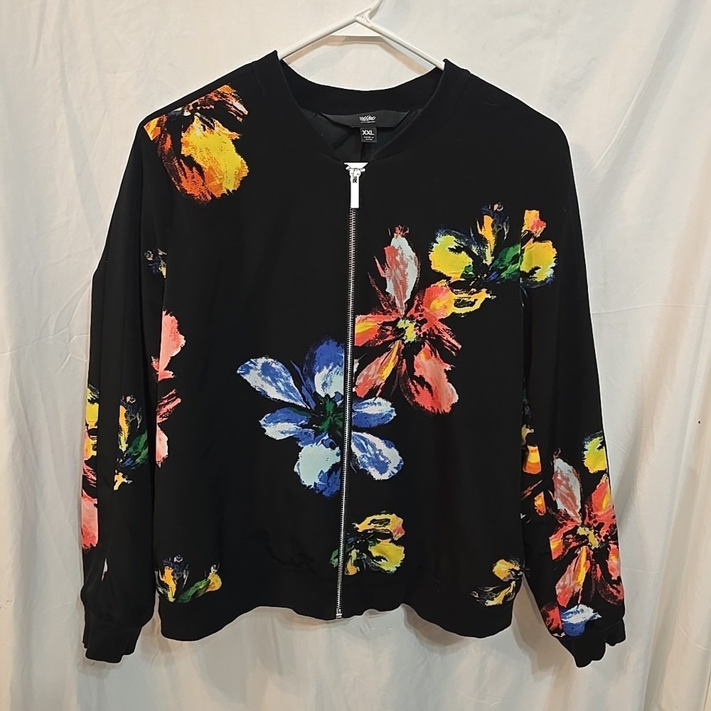 Mossimo Woman's Black Floral Lightweight Satin Feel Jacket‎ XXL Zipup Bomber Y2K